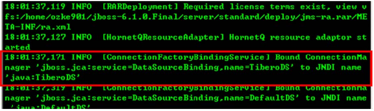 그림2. JBoss 기동 시 Tibero Datasource 바인딩 확인