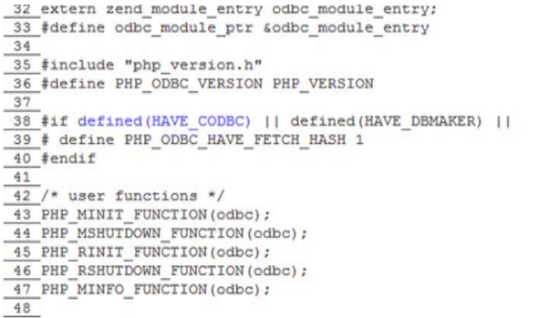 php-x.x..x 디렉토리 내 php-x.x..x/ext/odbc/php_odbc.h 파일 수정 예시